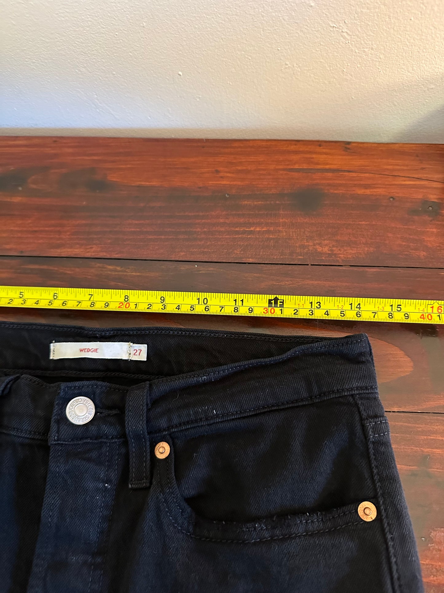 Levi's - Black Ripped and Distressed Wedgie Tapered Jeans with Raw Hem | Size 27