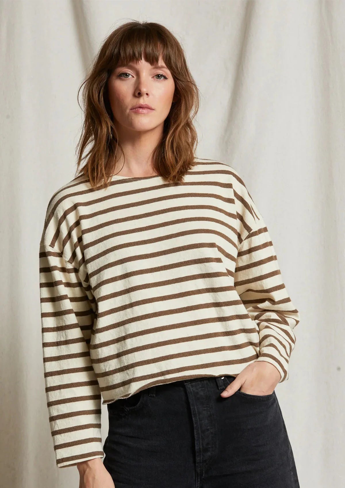 perfectwhitetee Taylor Long Sleeve Striped Top in Walnut Stripe | Size Medium