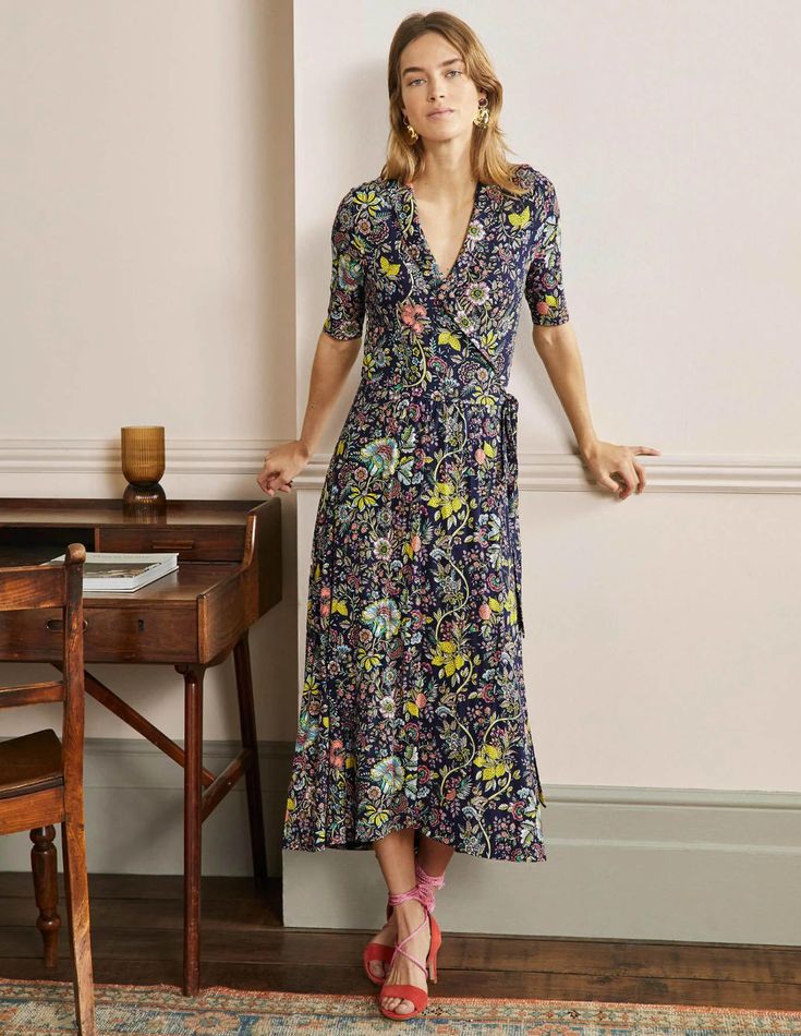 Boden Lavinia Jersey Wrap Dress in Papaya Wildflower Prairie - Size 10