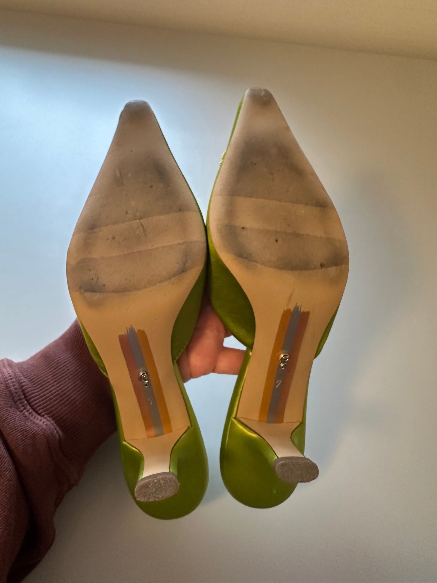 Sam Edelman Green Brit Mules with Gold Buckle and Kitten Heel | Size 7