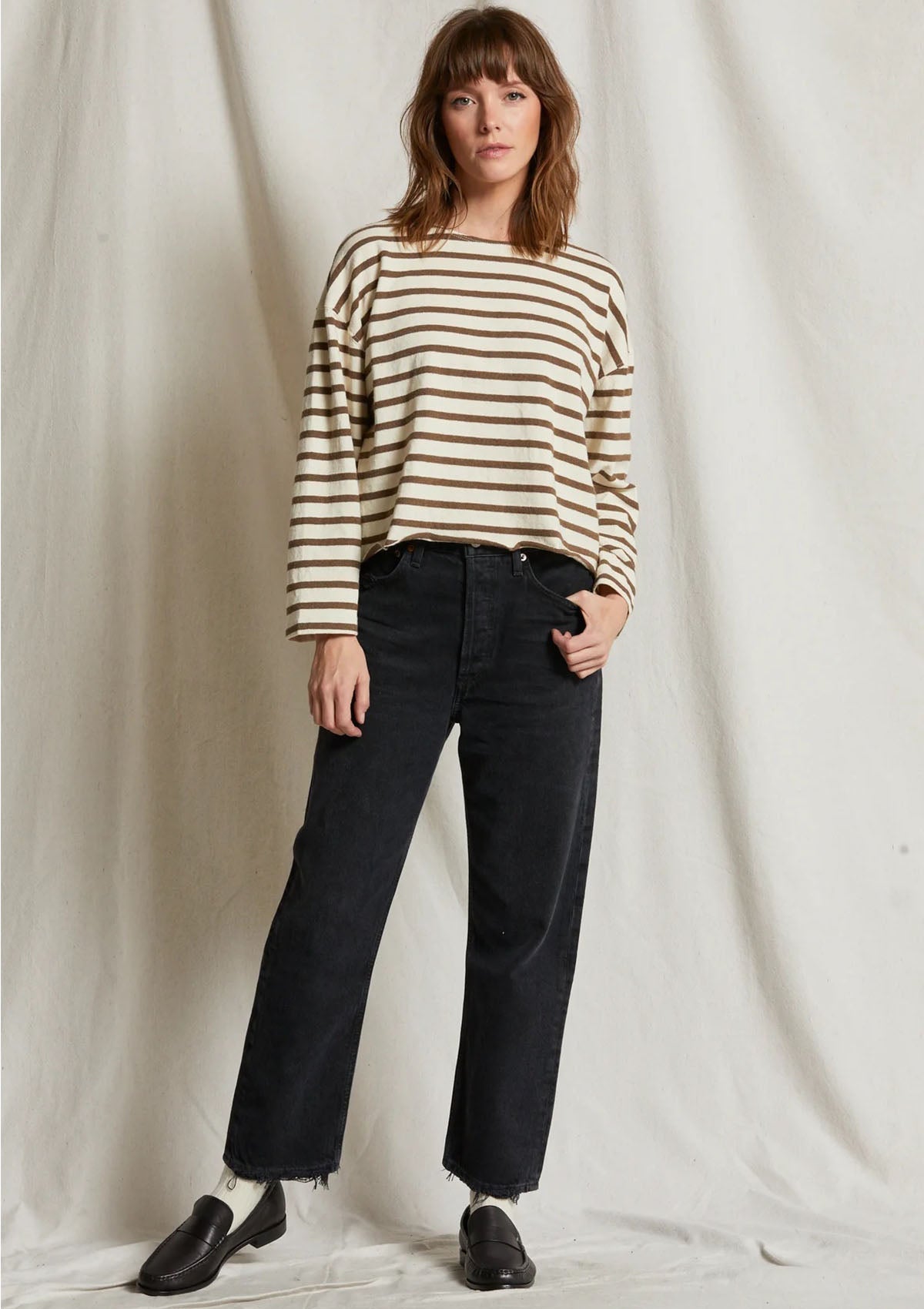 perfectwhitetee Taylor Long Sleeve Striped Top in Walnut Stripe | Size Medium