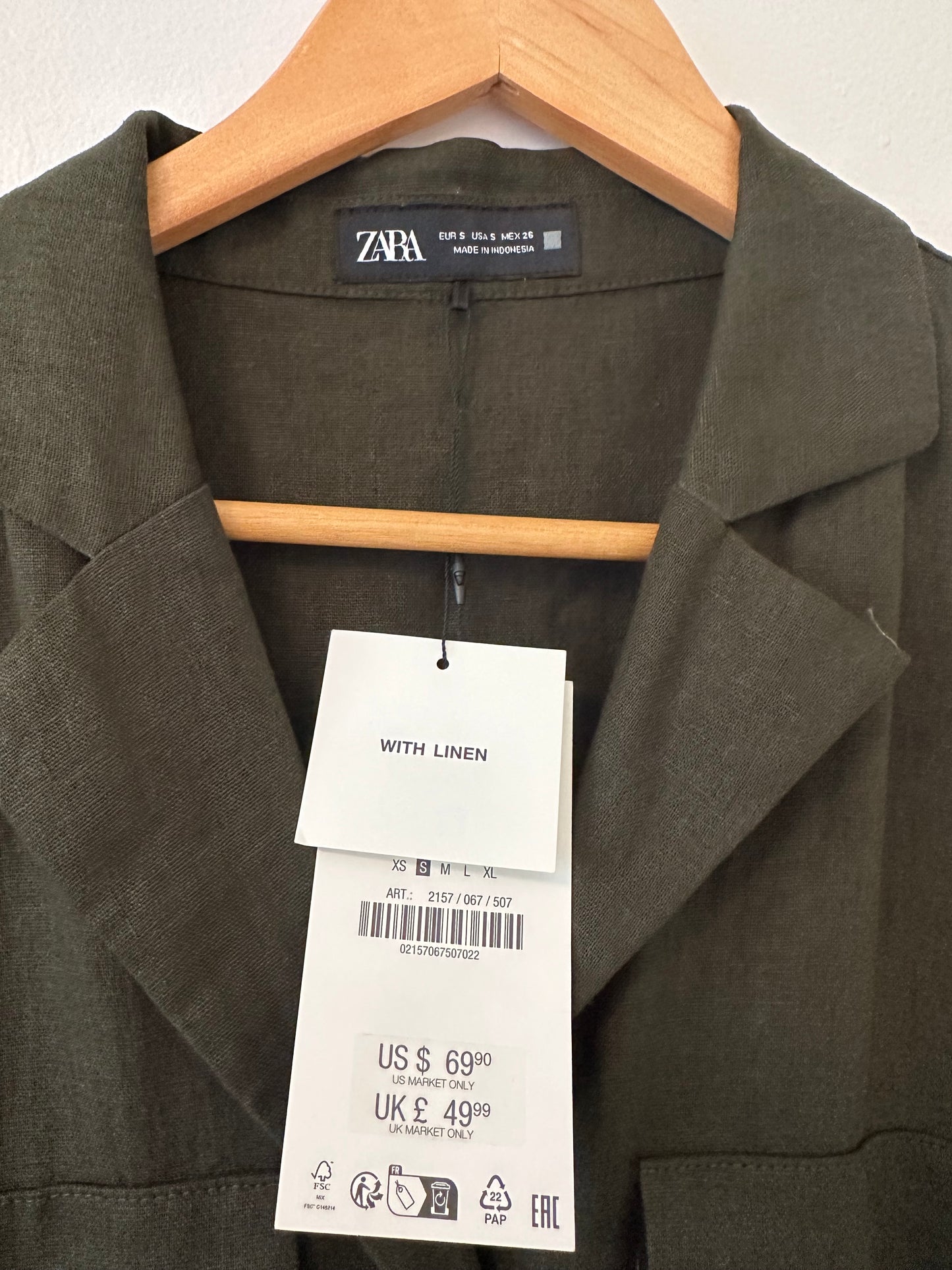 NWT Zara Olive Green Sleeveless Linen Jumpsuit Size Small