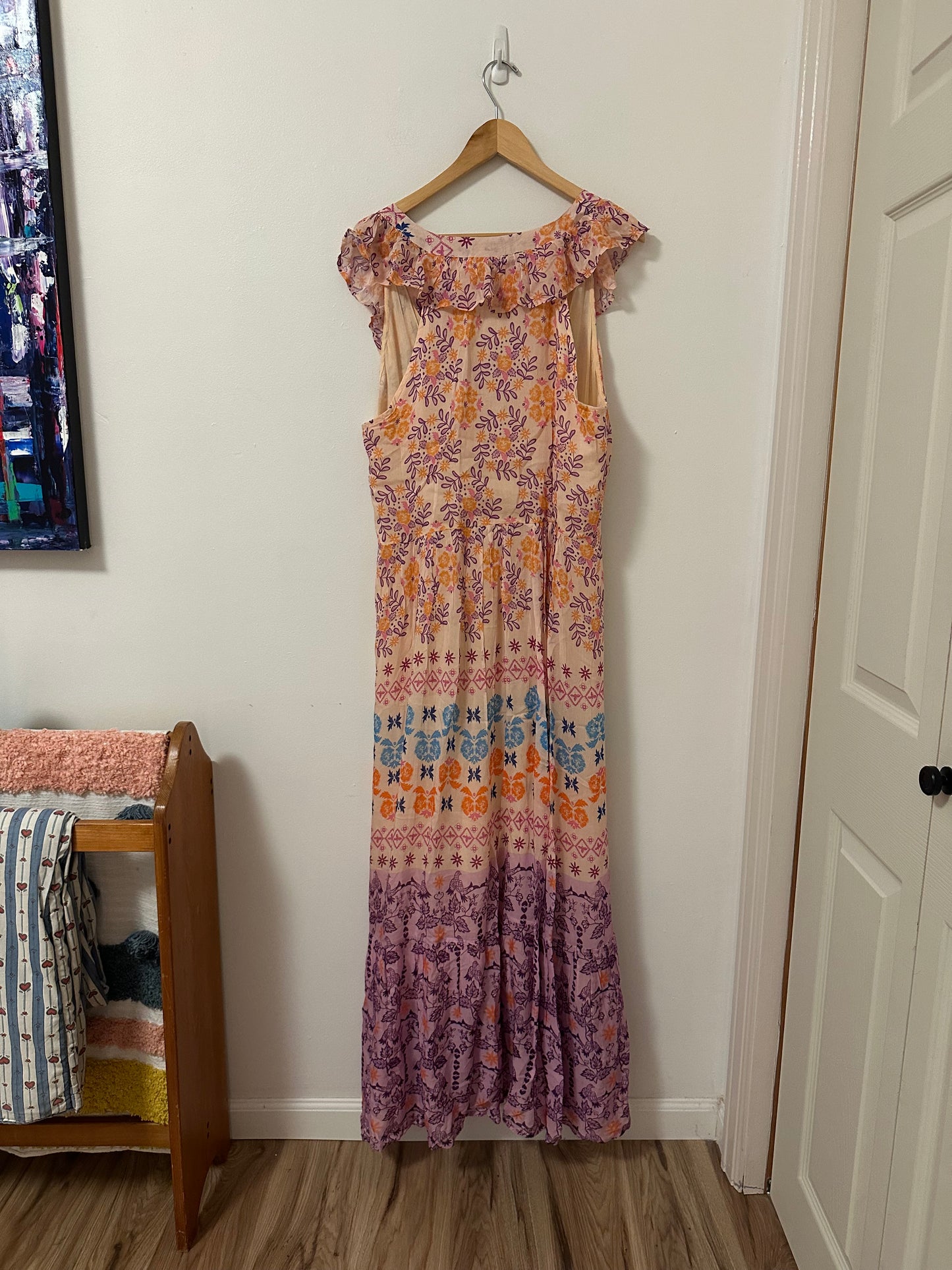 Oliphant Ruffle V-Neck Purple and Orange Floral Maxi Dress | Size 2XL