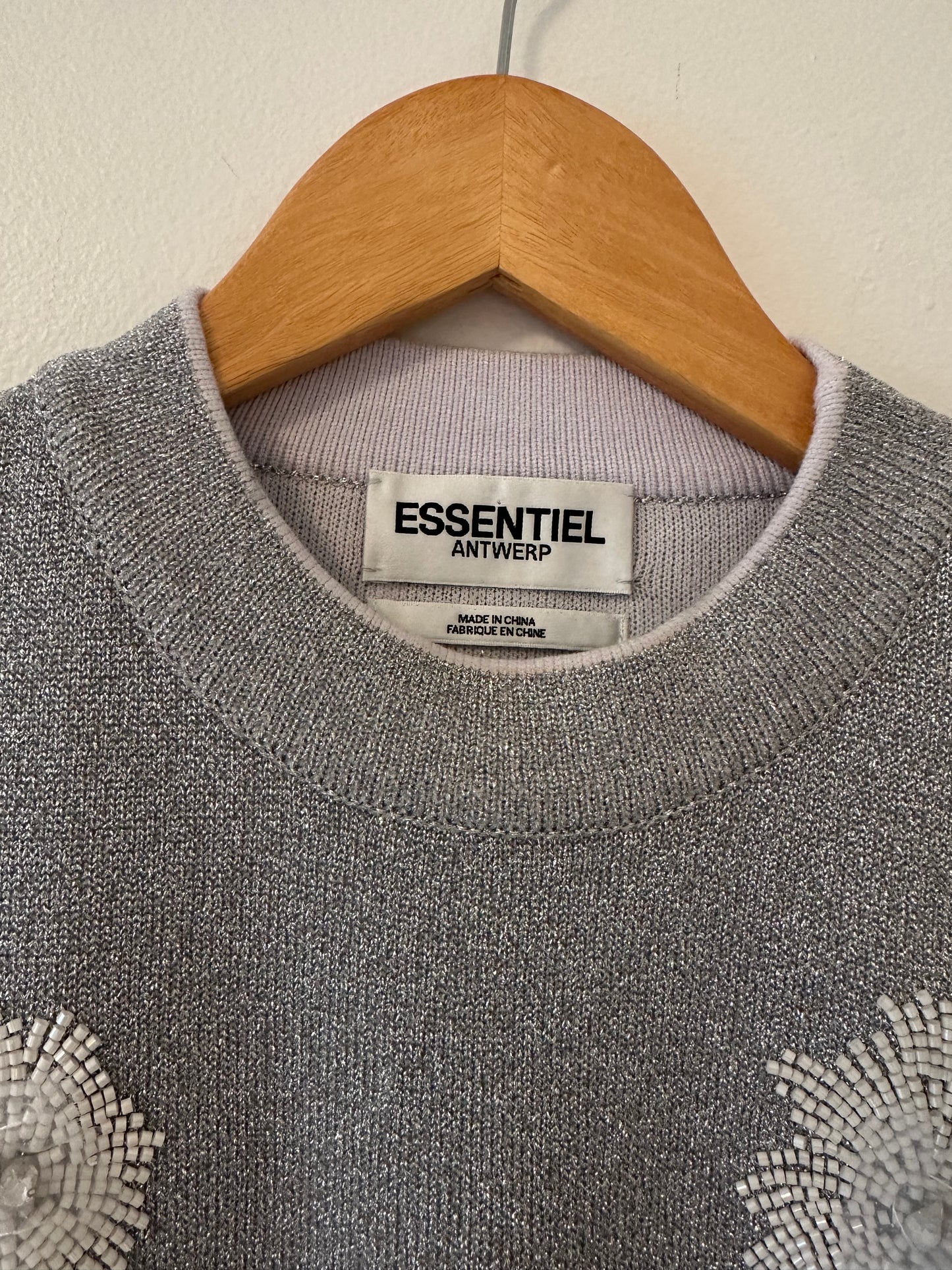 Essentiel Antwerp Eruby Rhinestone Embroidered Metallic Knit Top - Size Medium