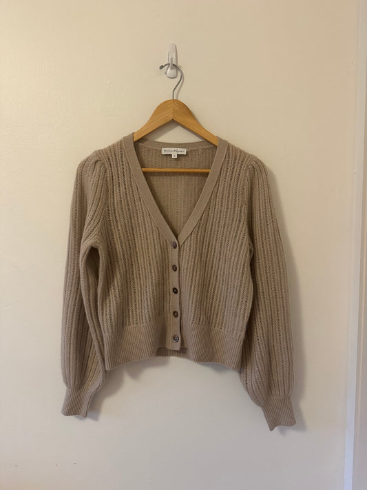 White + Warren Cashmere Textured Cardigan in Jute Heather | Size Small