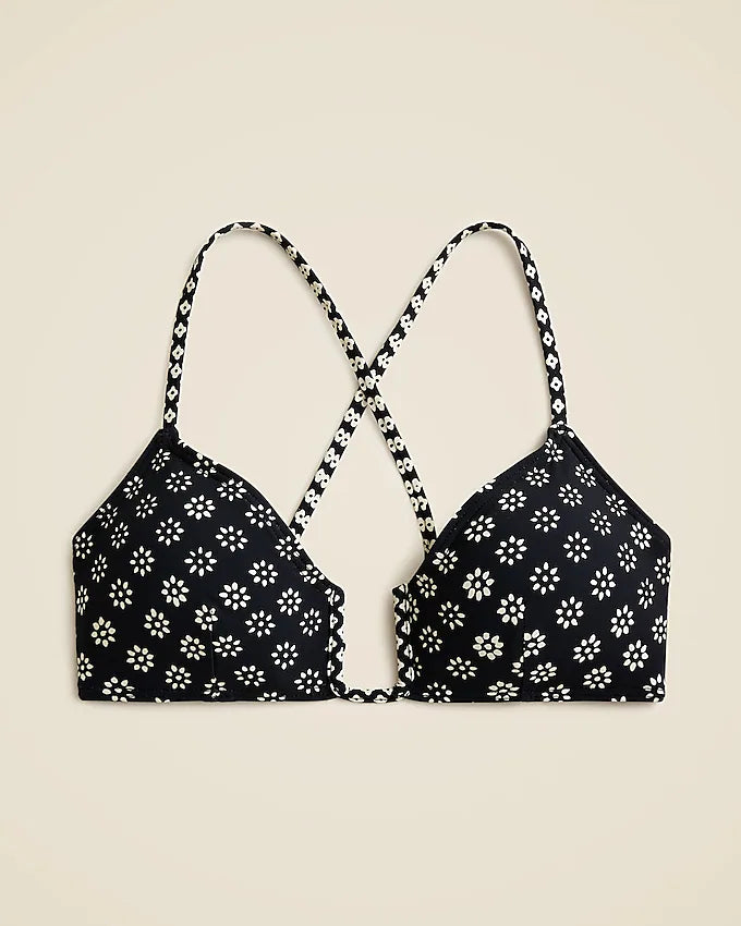 J. Crew French U-wire Bikini Top in Black and White Floral Print - Size Medium