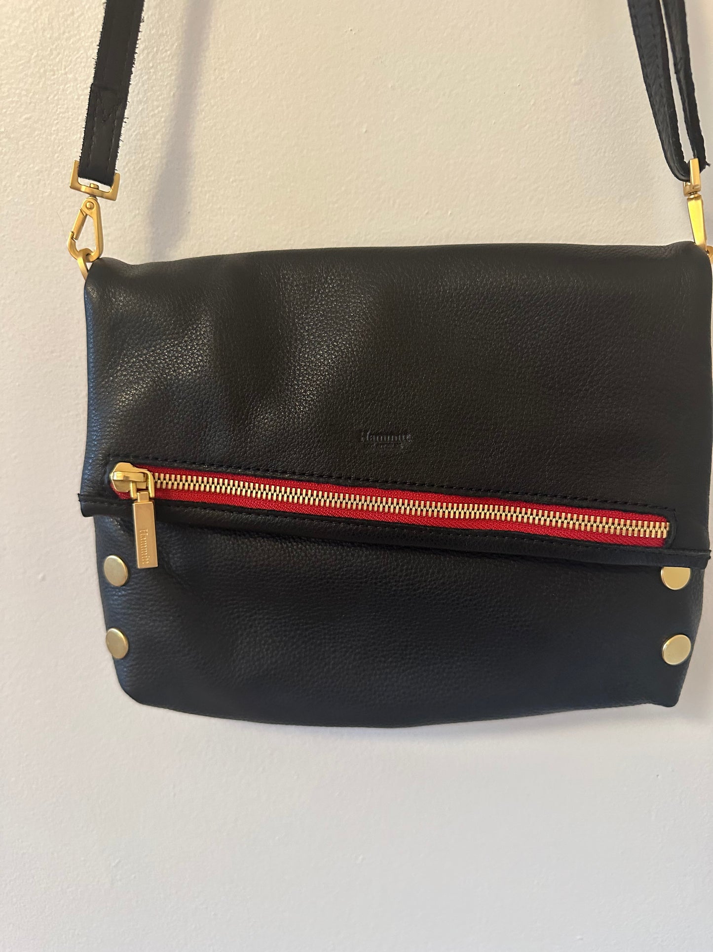 Hammitt VIP MED Crossbody / Clutch Bag in Black/Brushed Gold Red Zip