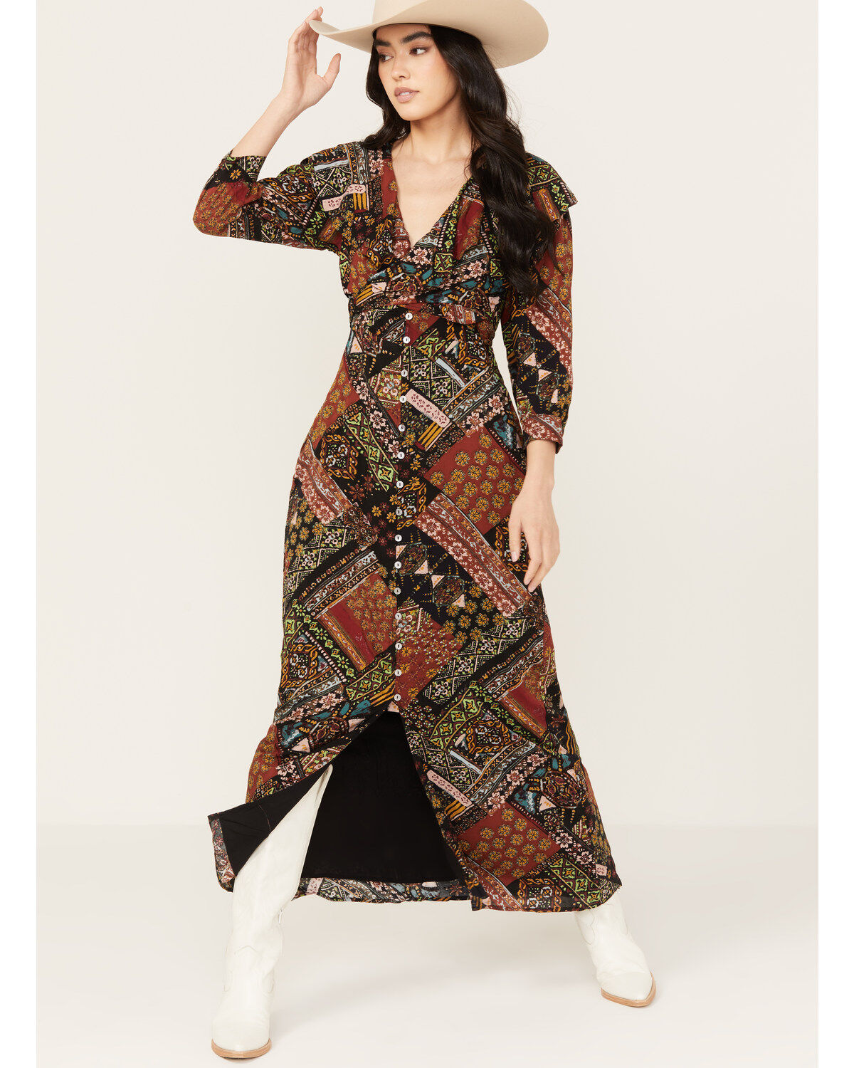 Free People Lennon Multicolor Patchwork Long Sleeve Maxi Dress - Size Medium