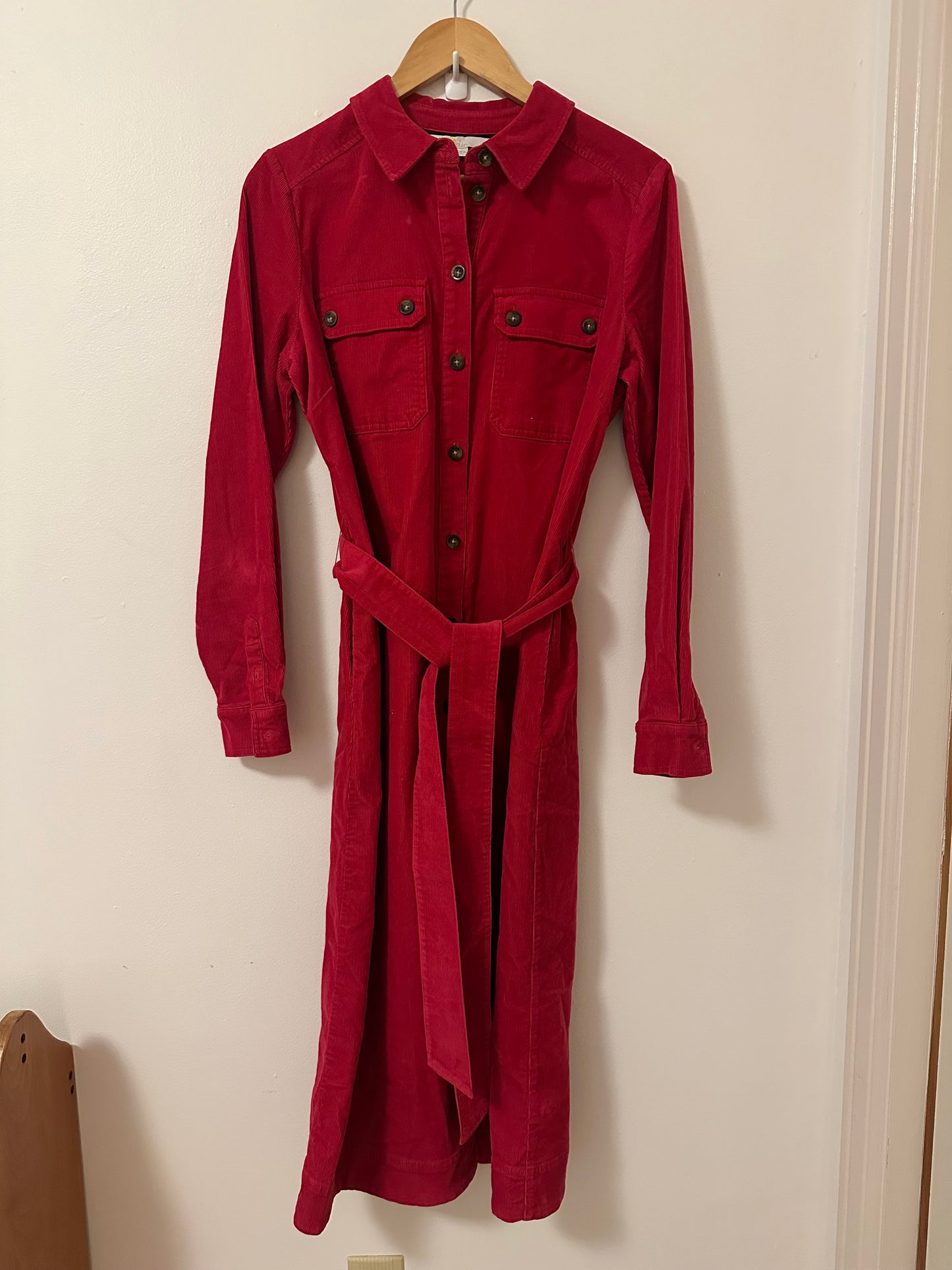 Boden Clara Corduroy Red Long Sleeve Belted Midi Dress | Size 10