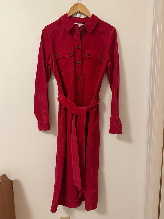 Boden Clara Corduroy Red Long Sleeve Belted Midi Dress | Size 10