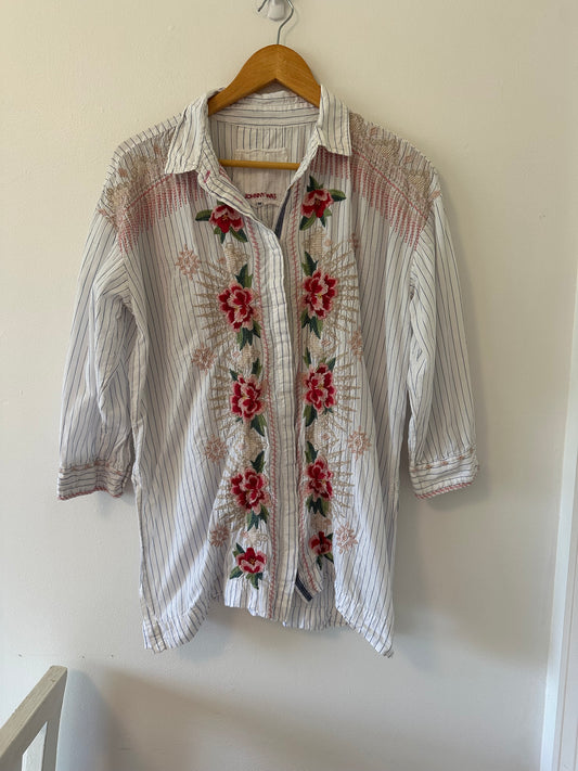 Johnny Was Workshop Striped Floral Embroidered Shirt - Size Medium