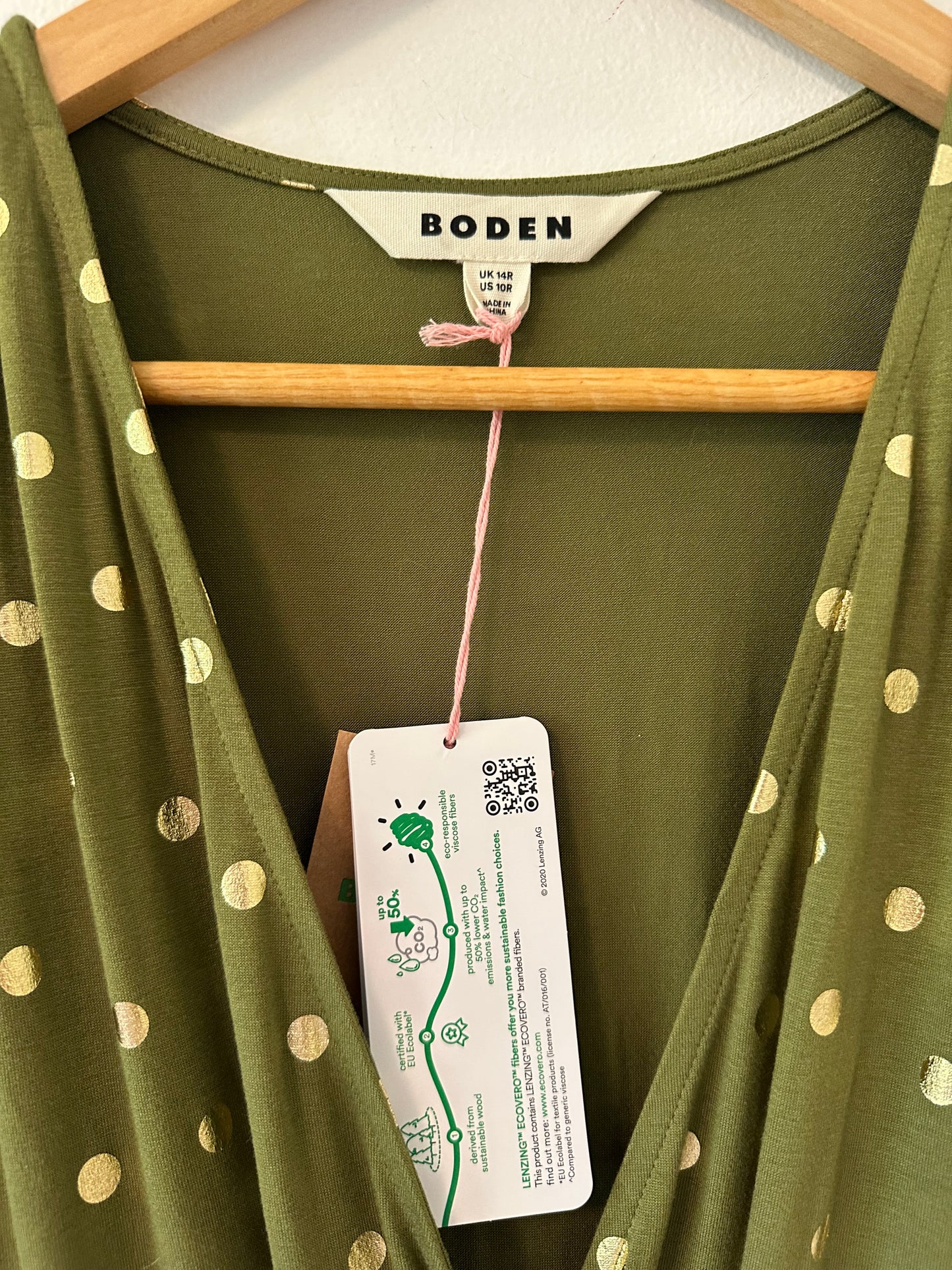 NWT Boden Kimono Wrap Jersey Dress in Green with Gold Polka Dots - Size US 10