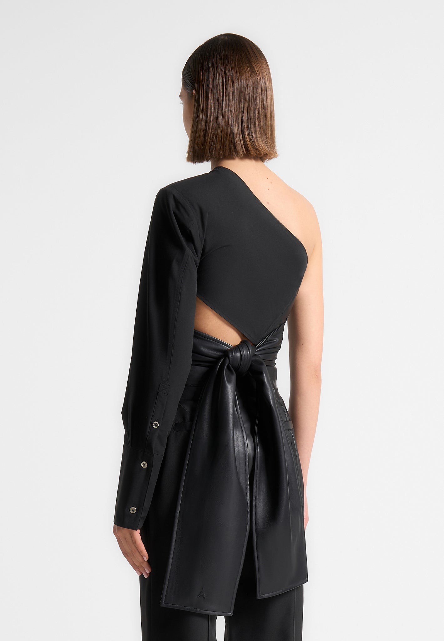 Maniere De Voir Coralie Black One-Shoulder Vegan Leather Wrap Blouse - Size 6