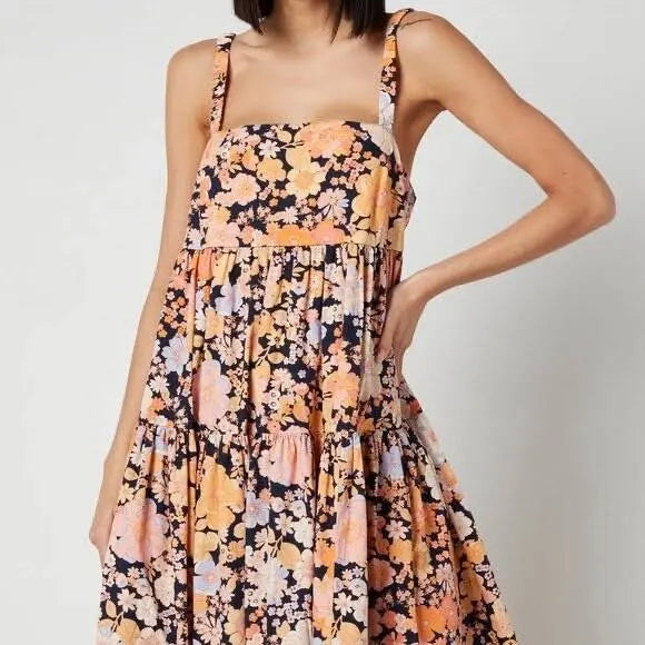 Free People Park Slope Orange and Pink Tiered Maxi Sundress Size Small