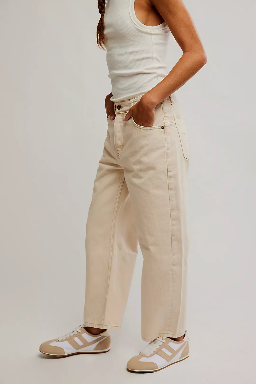 NWT We The Free Deep Trance Dropped Boyfriend Jeans in Casual Khaki | Size 27