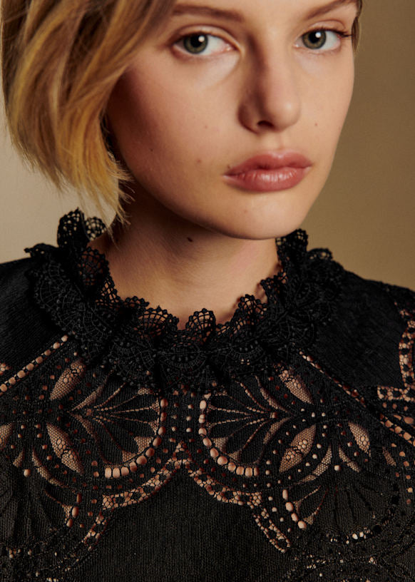 NWT Sezane Bianca Black Lace Organic Cotton Blouse | Size EU 42