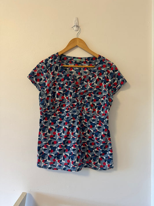 Boden Notch Neck Poplin Blue and Red Patterned Blouse - Size 12