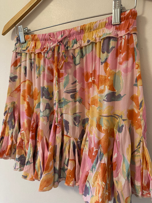 Olivaceous Pink Multicolor Floral Ruffle Mini Skirt - Size Medium