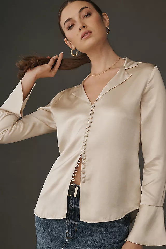 Reformation Jeremiah Silk Top in Almond - Size XL