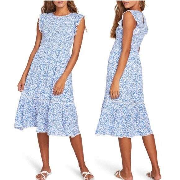 Lost + Wander Pick Me Blue Floral Print Midi Dress Size Small