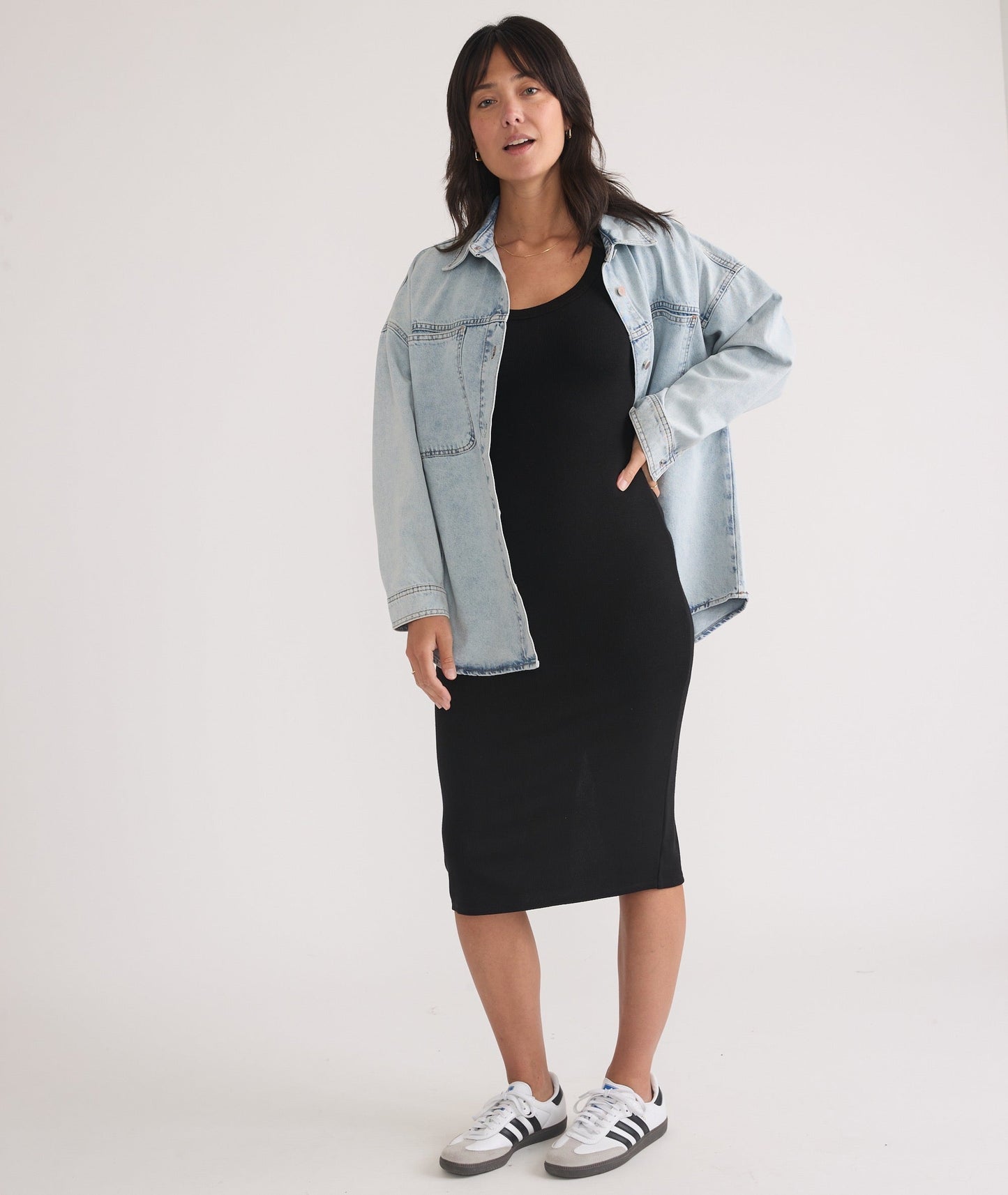 Marine Layer Lexi Rib Long Sleeve Midi Dress in Black - Size Medium