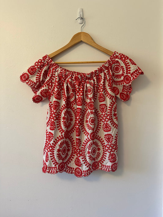 Entro Red and White Embroidered Off The Shoulder Blouse | Size Small