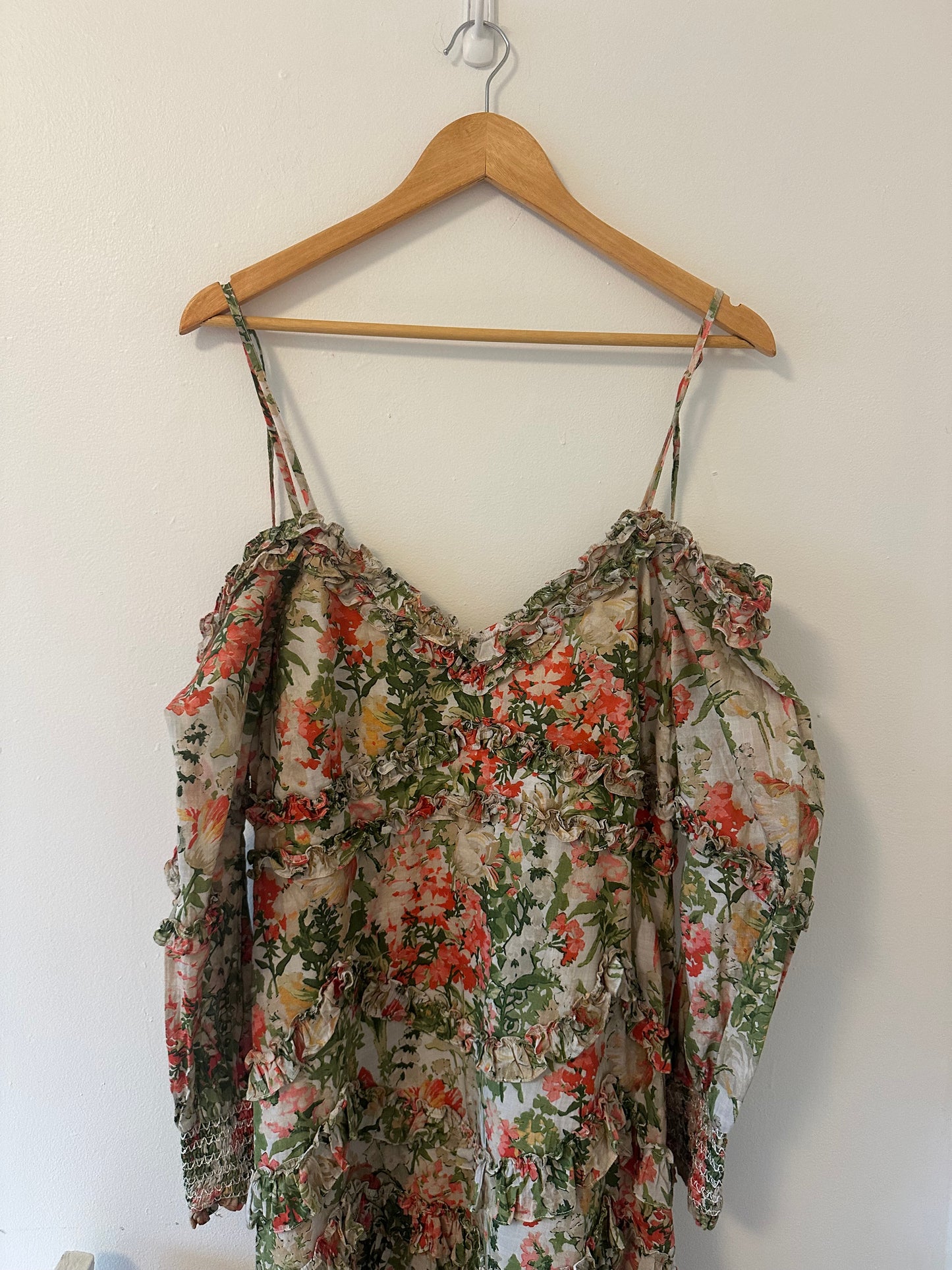 Mac Duggal Floral Long Sleeve Ruffle Detail Off-Shoulder Dress - Size 10