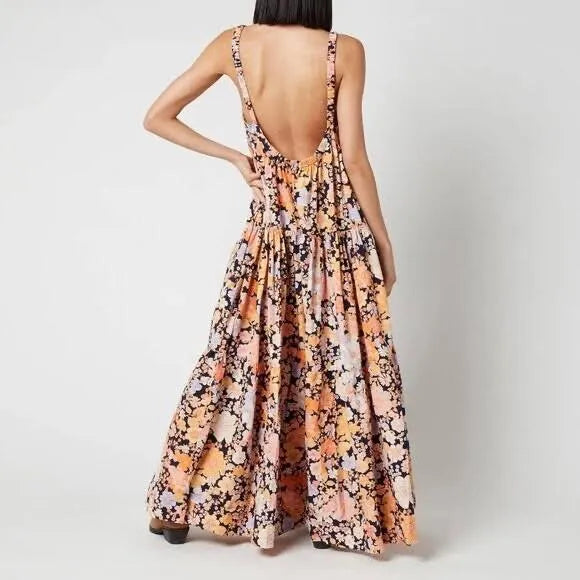 Free People Park Slope Orange and Pink Tiered Maxi Sundress Size Small