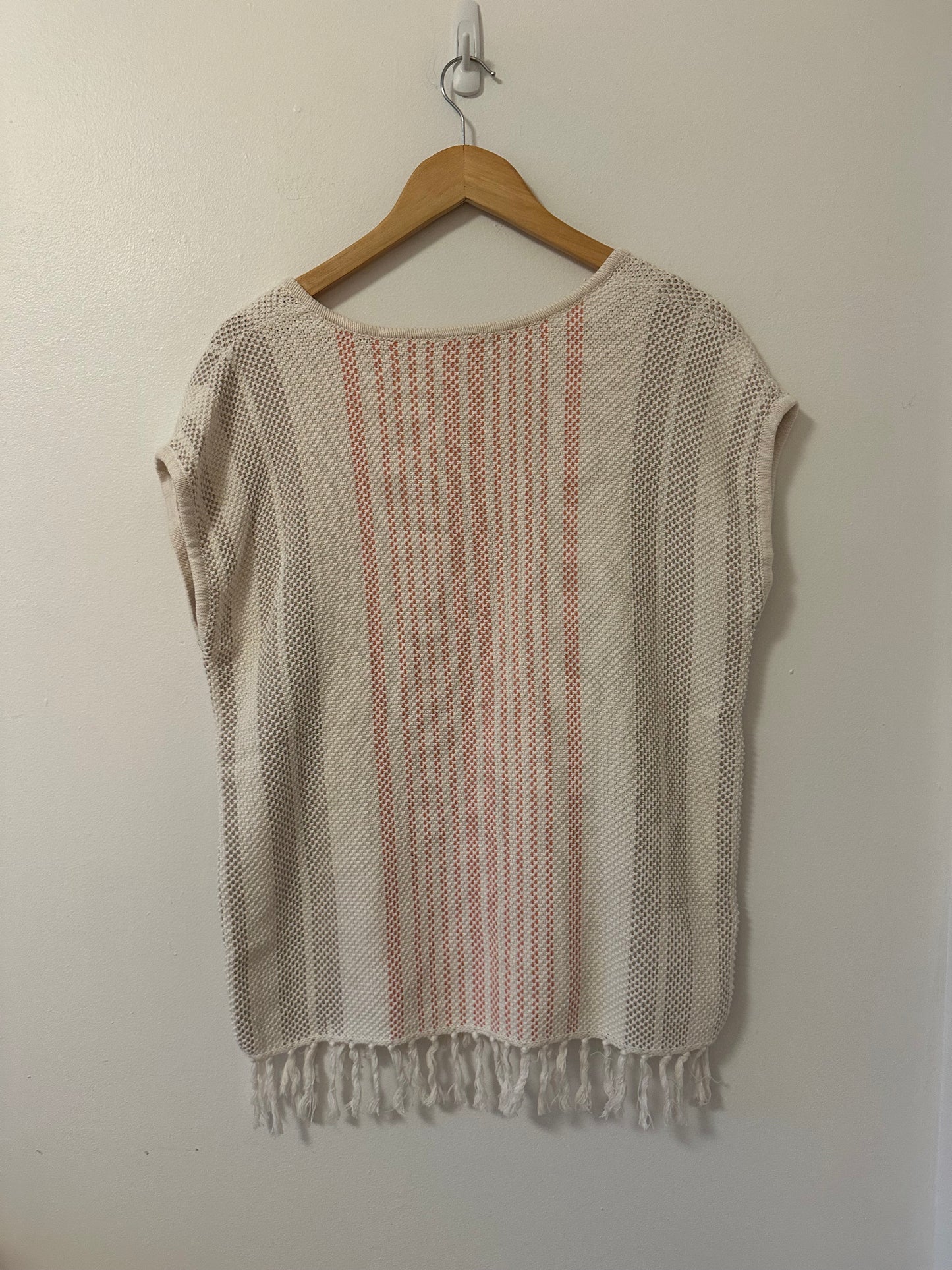 LOFT Lounge Cream and Pink Textured Knit Cotton Top With Tassels | Size Medium