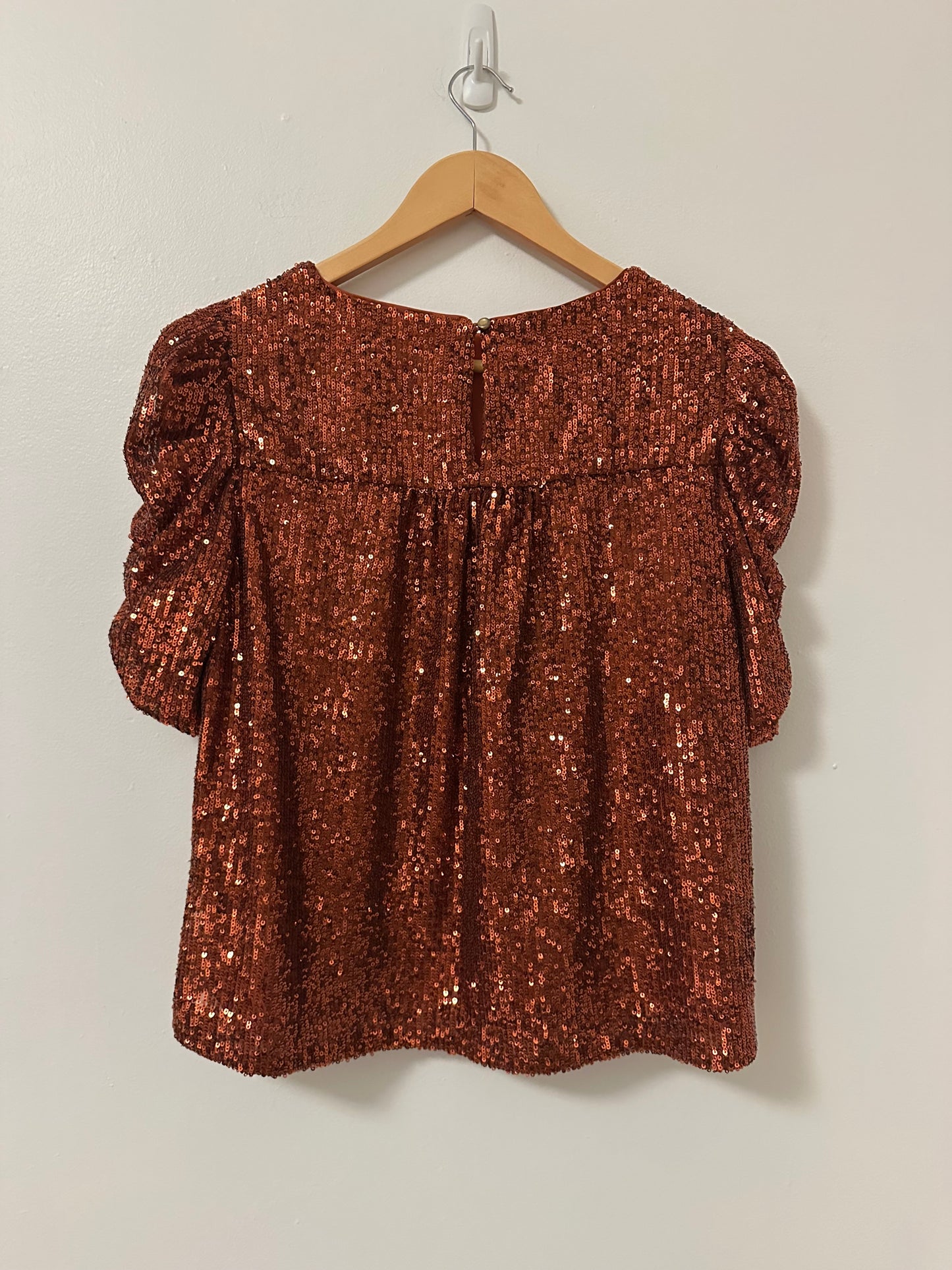 Anthropologie Marie Sequin Puff Sleeve Blouse in Copper | Size 6