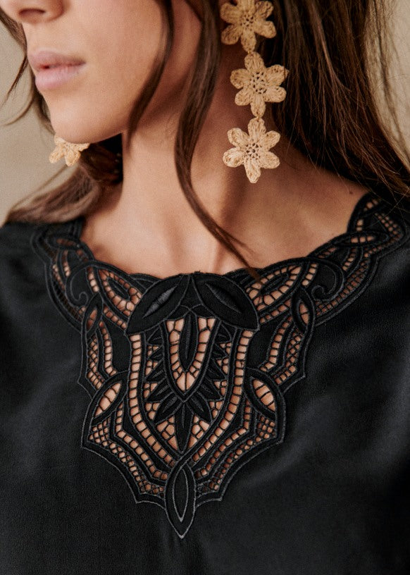 Sezane Carlotta Black Silk Blouse with Lace Neckline Accent | Size US 10 / EU 42