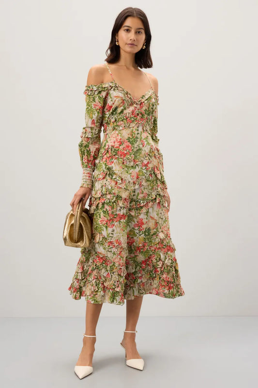 Mac Duggal Floral Long Sleeve Ruffle Detail Off-Shoulder Dress - Size 10