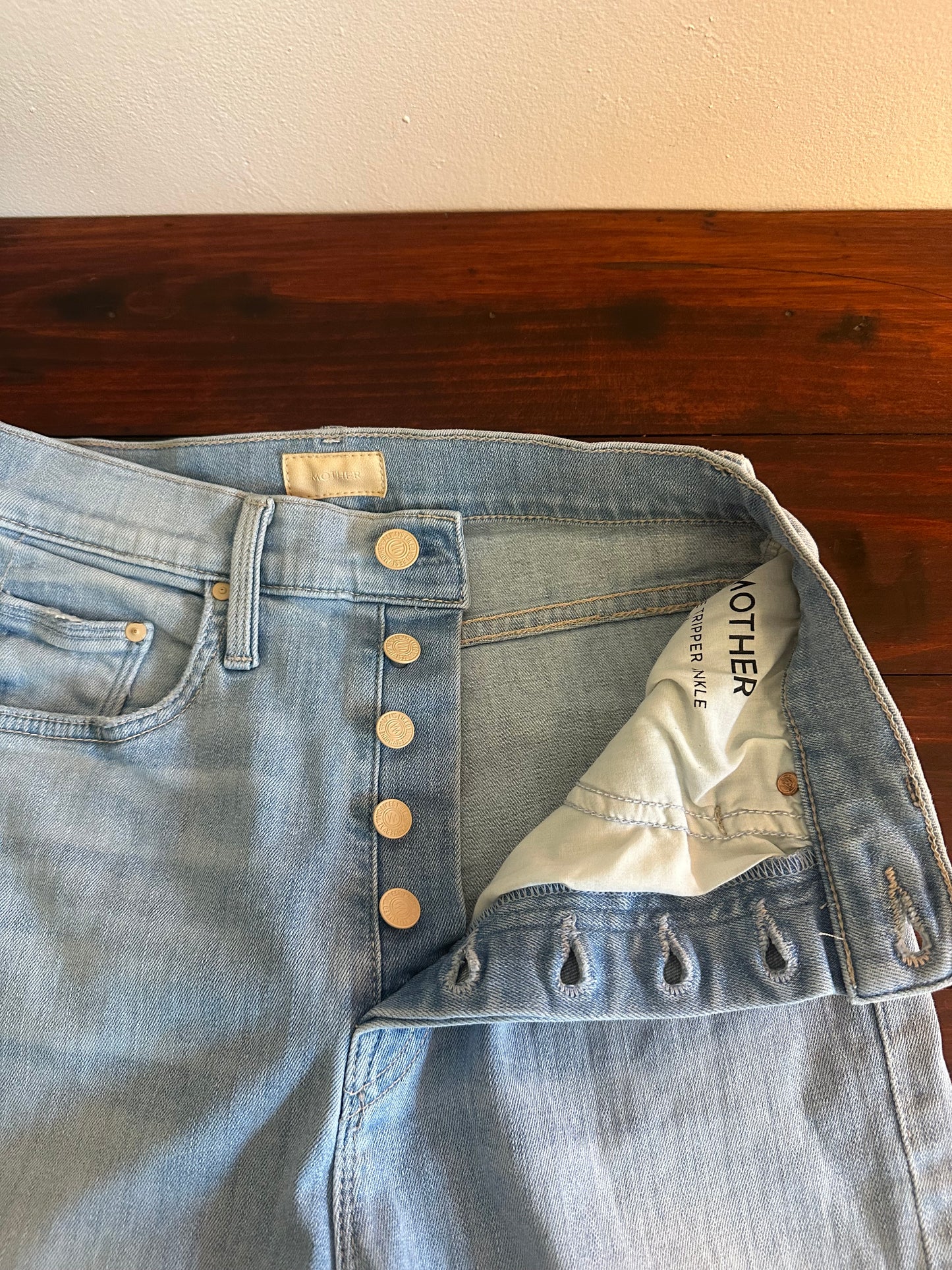 MOTHER The Tripper Ankle Fray Blue Flare Jeans in Island Time - Size 24