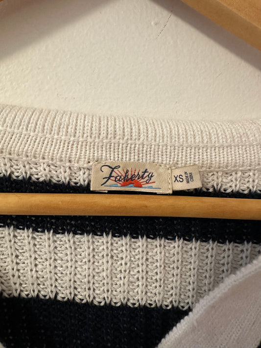 Faherty Navy and White V-Neck Striped Polo Sweater | Size XS