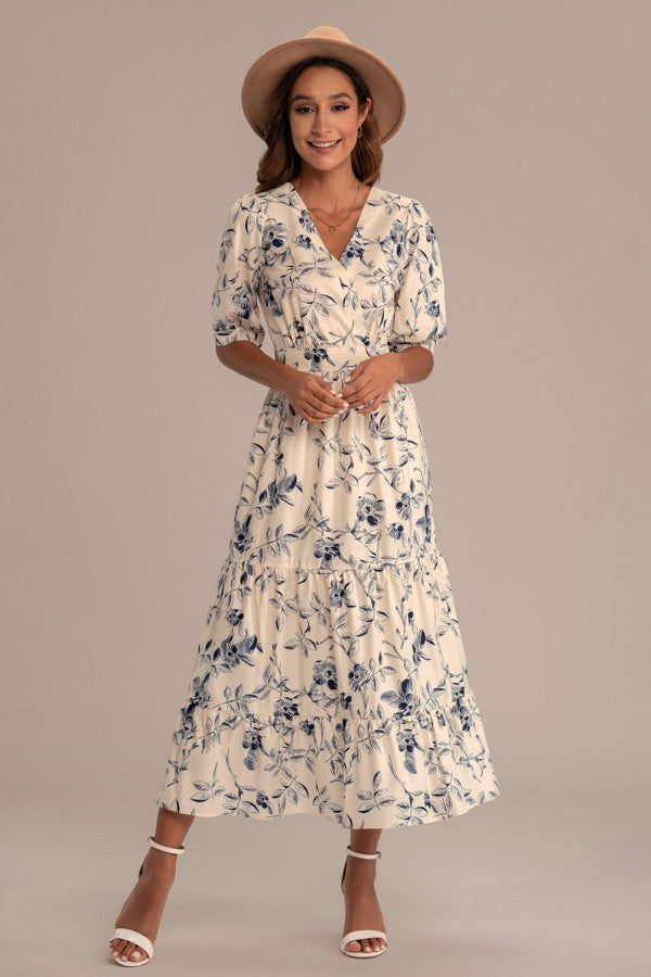 NWT Petallush Floral Half Sleeve V Neck Maxi Dress in Blue and White | Size Large