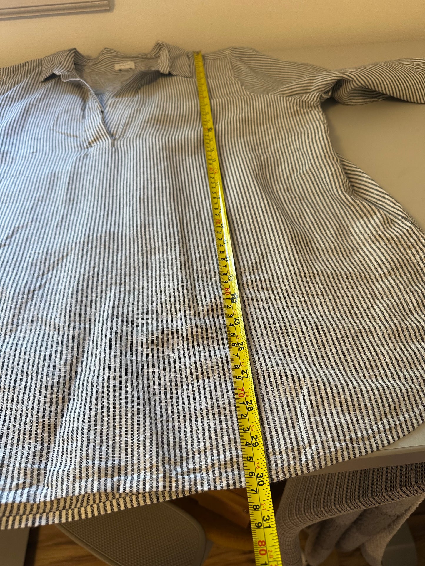 J. Crew Navy and White Striped Cotton Linen Popover Top | Size XL