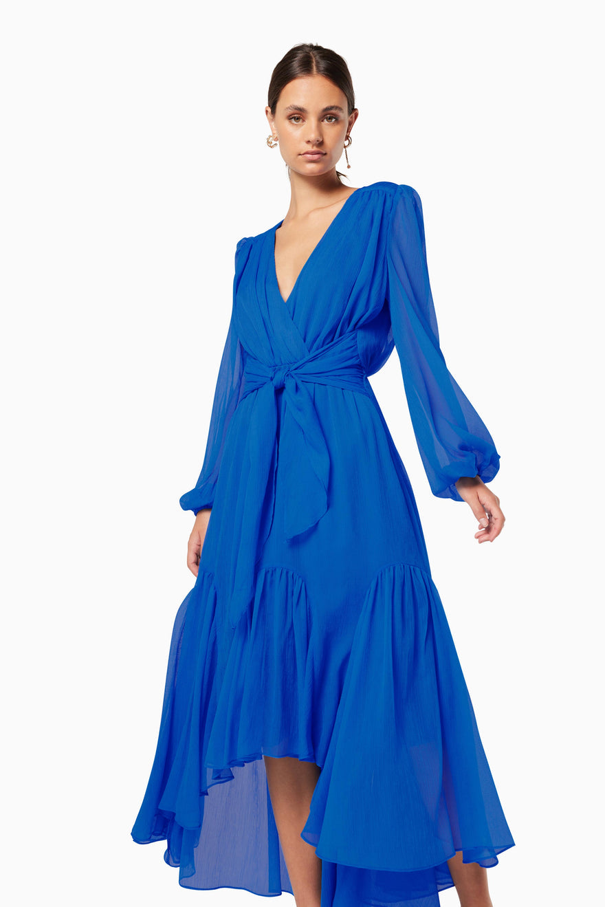 Elliatt Sylliott High Low Ruffle Chiffon Dress in Blue | Size Medium