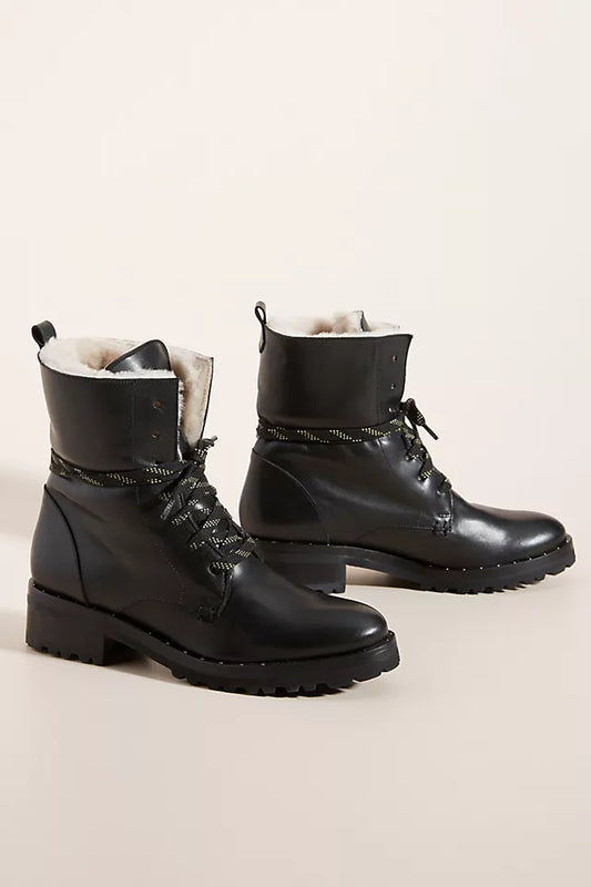 Freda Salvador Black Leather Shearling Lined Lace zip Hiking Combat Boots