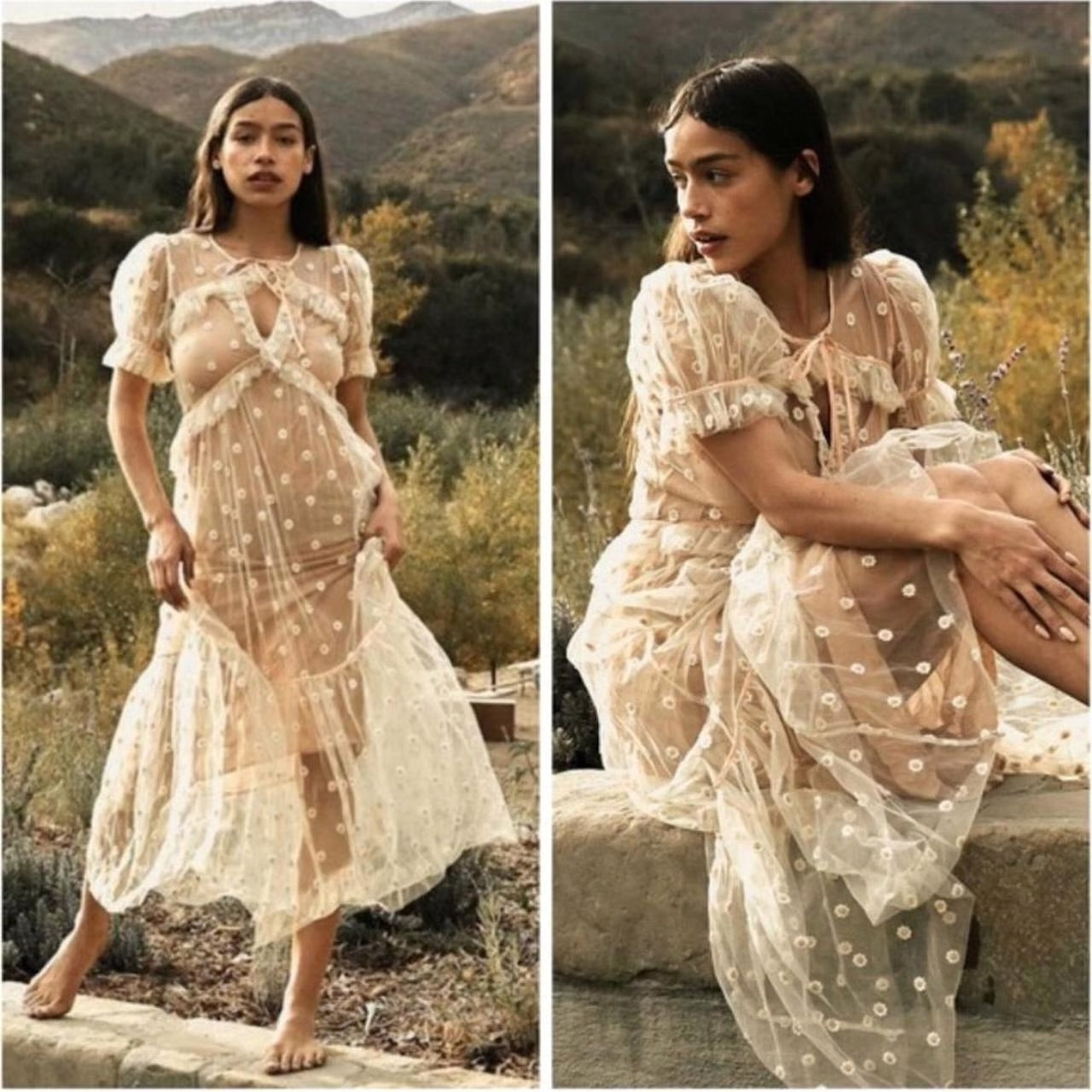 Doen Zelda Sheer Floral Maxi Dress in Faded Peach - Size XS