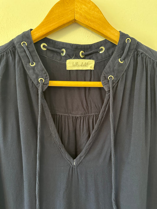 Bella Dahl Navy Sleeveless Blouse with Lacing Around The Collar | Size Medium
