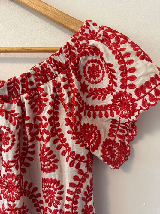Entro Red and White Embroidered Off The Shoulder Blouse | Size Small