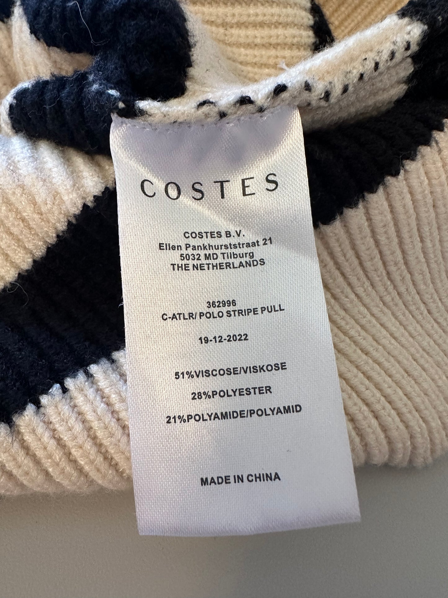 Costes Striped Black and Cream Collared Polo Sweater | Size Small