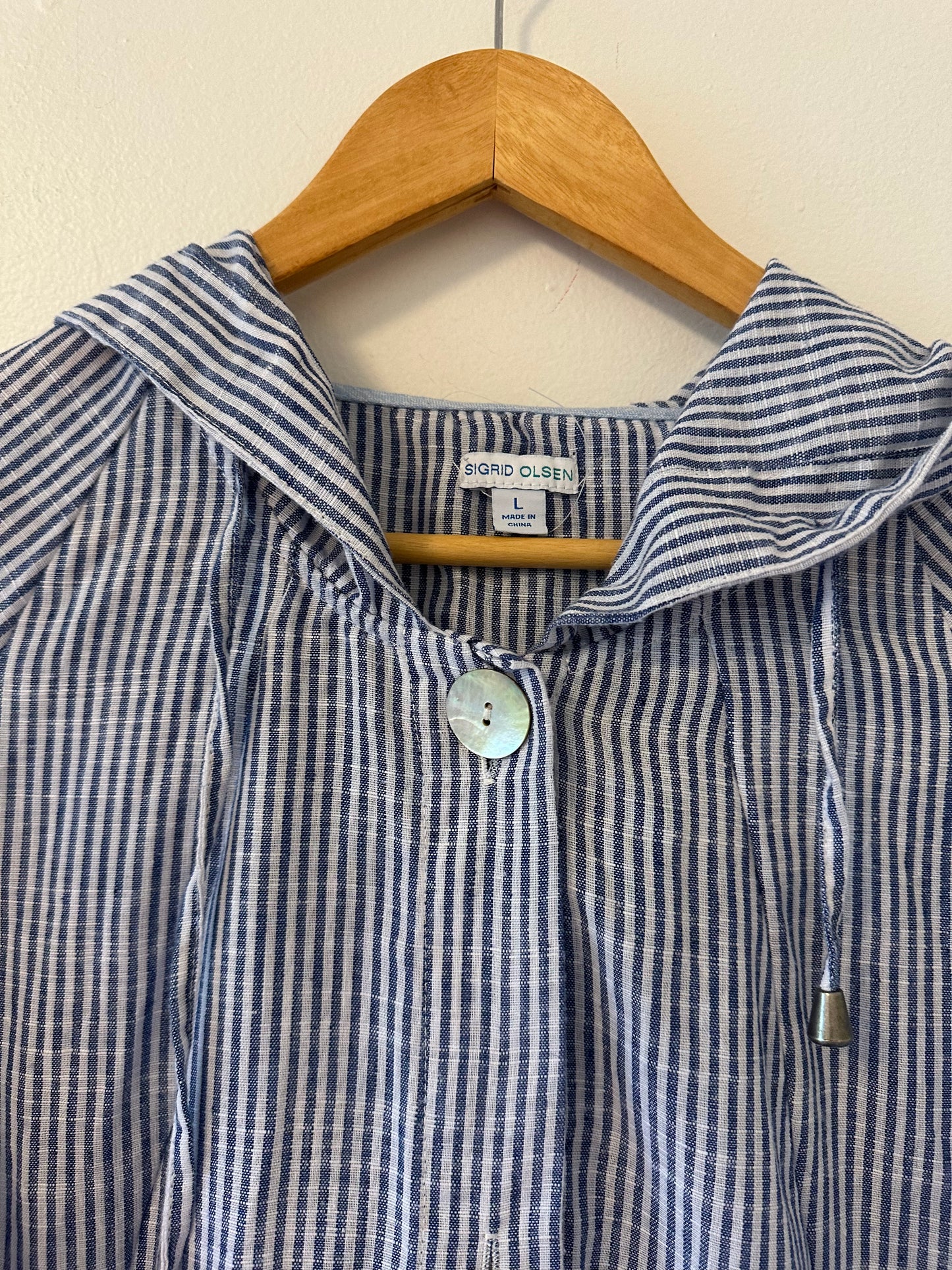 Sigrid Olsen Blue and White Striped Hooded Lightweight Tunic - Size Large