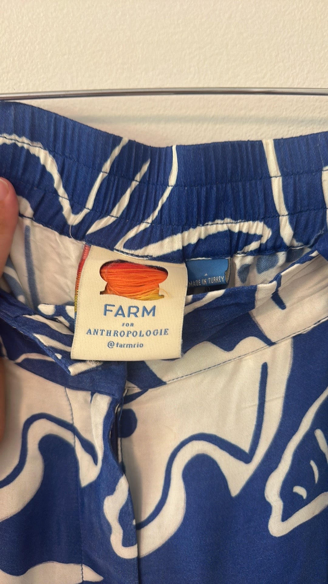 FARM Rio x Anthropologie Tropical Satin Wide Leg Pants in Blue Motif - Size Large