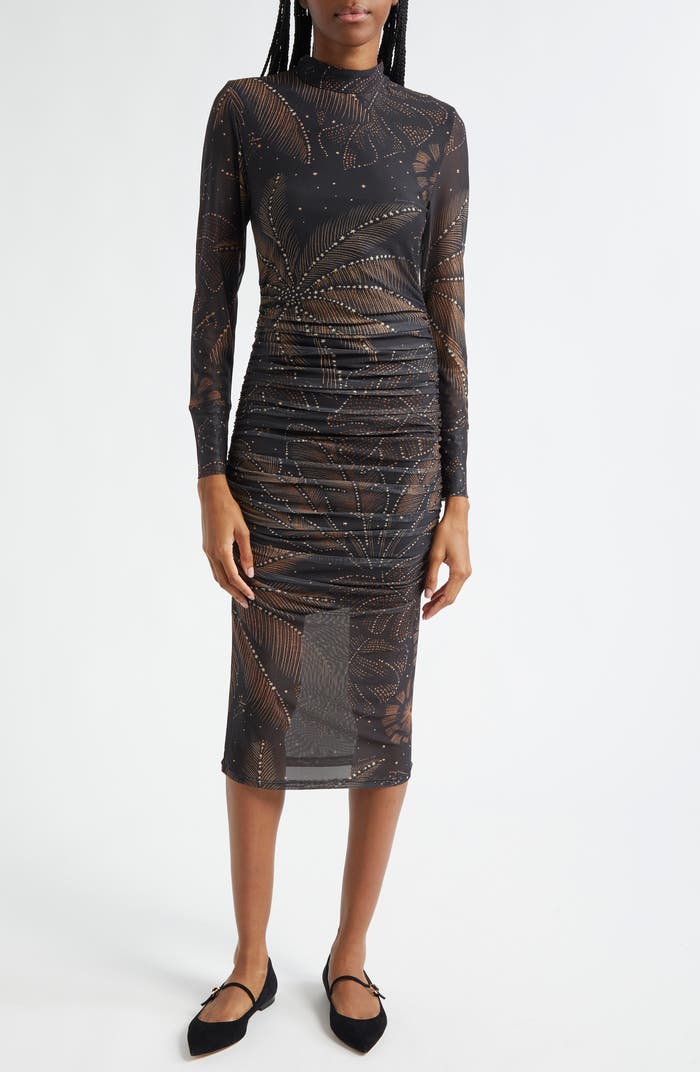 NWT FARM Rio Golden Foliage Long Sleeve Tulle Midi Dress in Black | Size Large