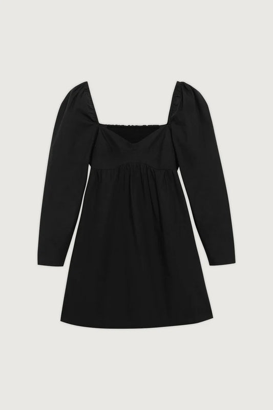 OAK + FORT - Black Sweetheart Puff Sleeve Mini Dress in Cotton Poplin | Size Medium