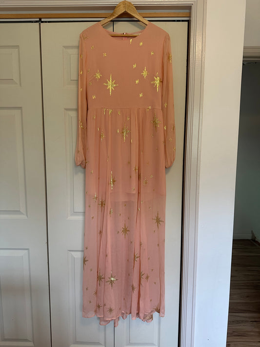 For Love & Lemons Silk Gilded Star Maxi Dress Size Pink Gold Size Large