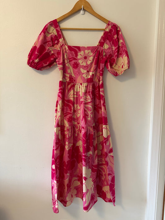 Crystal Sky - Pink Floral Midi Puff Sleeve Ruffle Cotton Midi Dress | Size XS