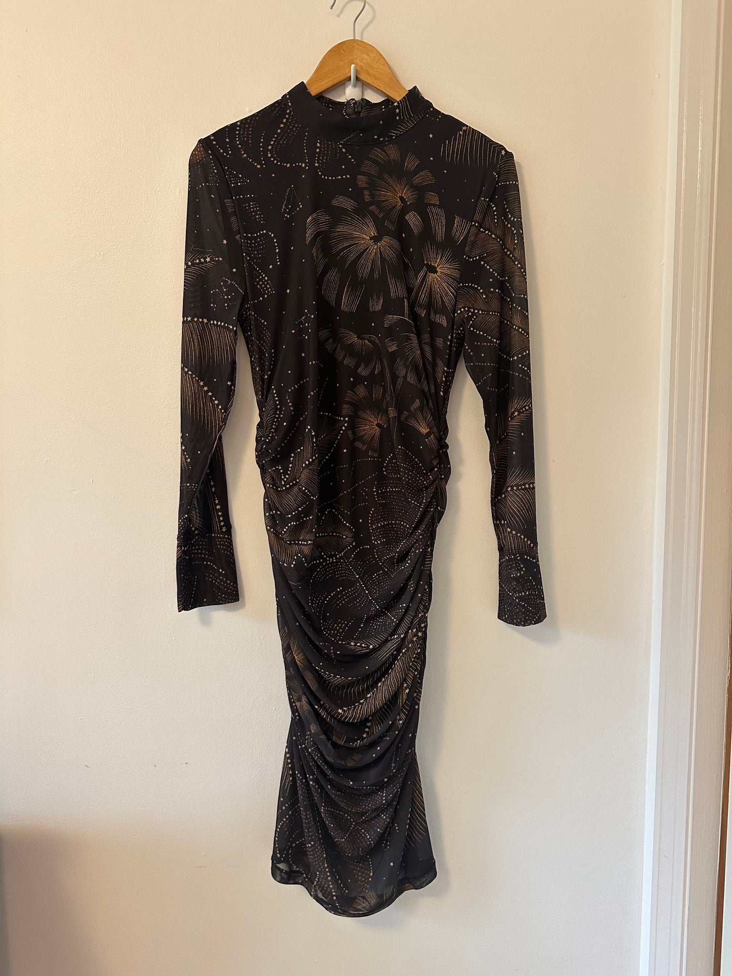 NWT FARM Rio Golden Foliage Long Sleeve Tulle Midi Dress in Black | Size Large
