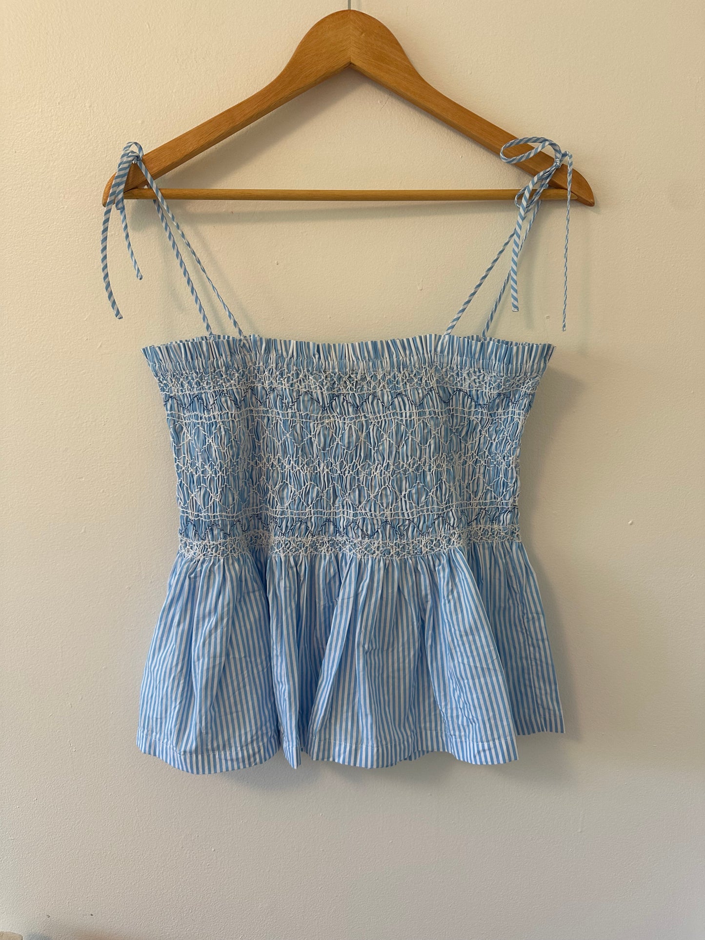 J. Crew Paloma Striped Top in Blue and White with Smocking - Size Medium